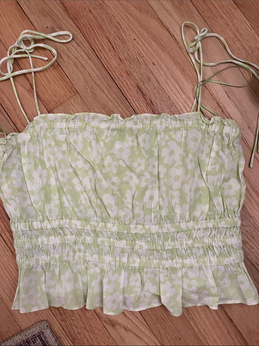 Cotton Candy Pastel Green Floral Smocked Tie-Strap Camisole